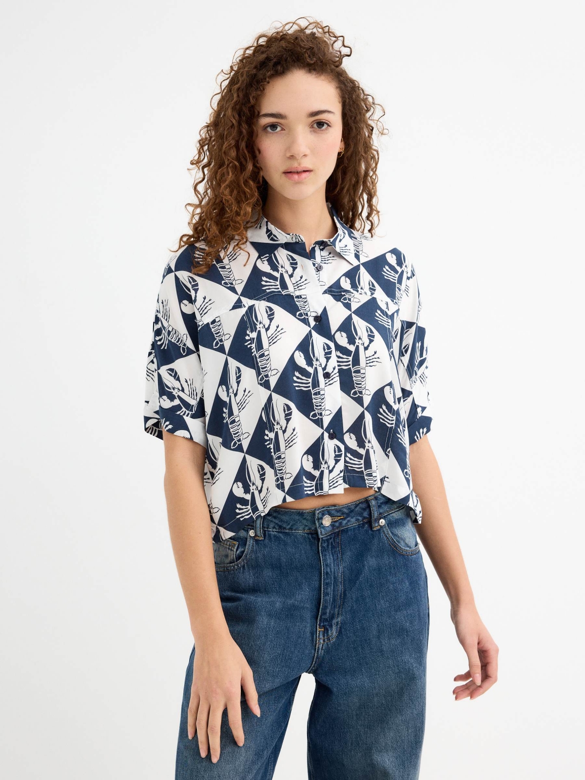 Short sleeve crop top shirt Lobster navy middle front view