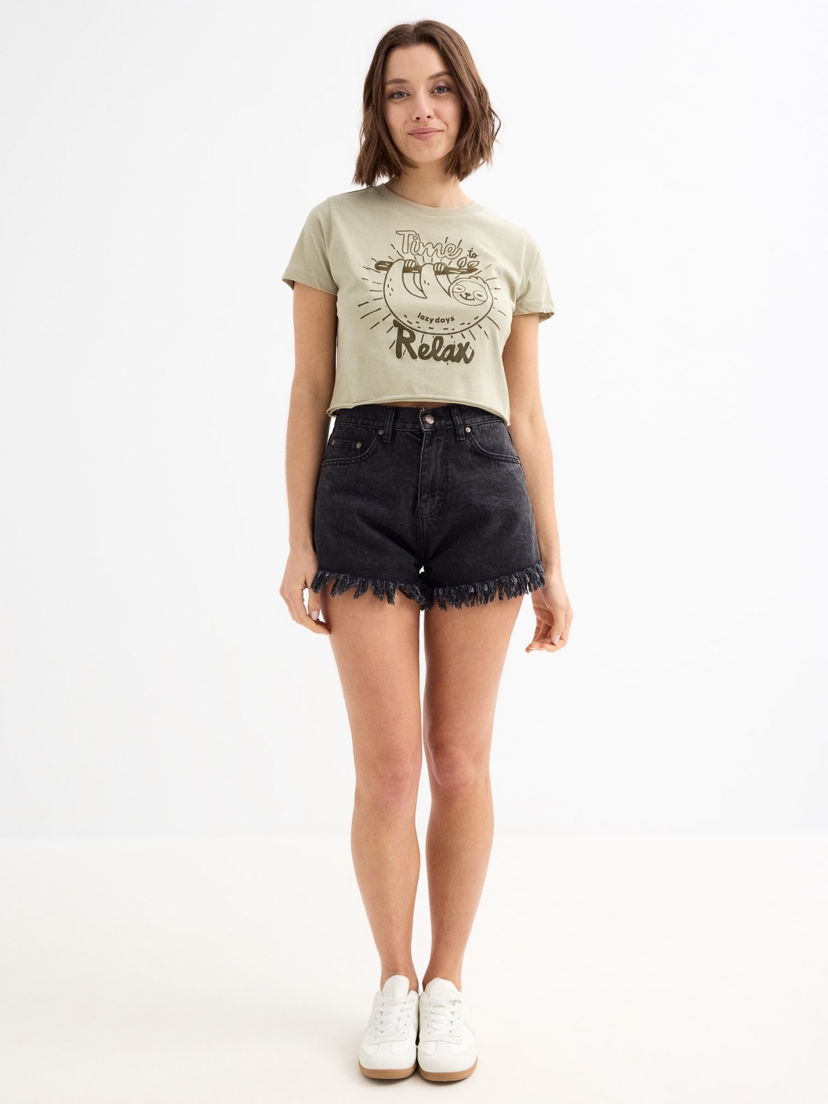 Short sleeve crop top Time to Relax greyish green general front view