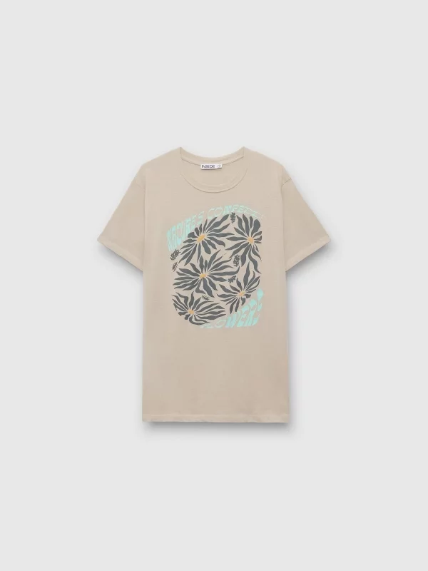  Camiseta de manga curta flores taupe vista frontal