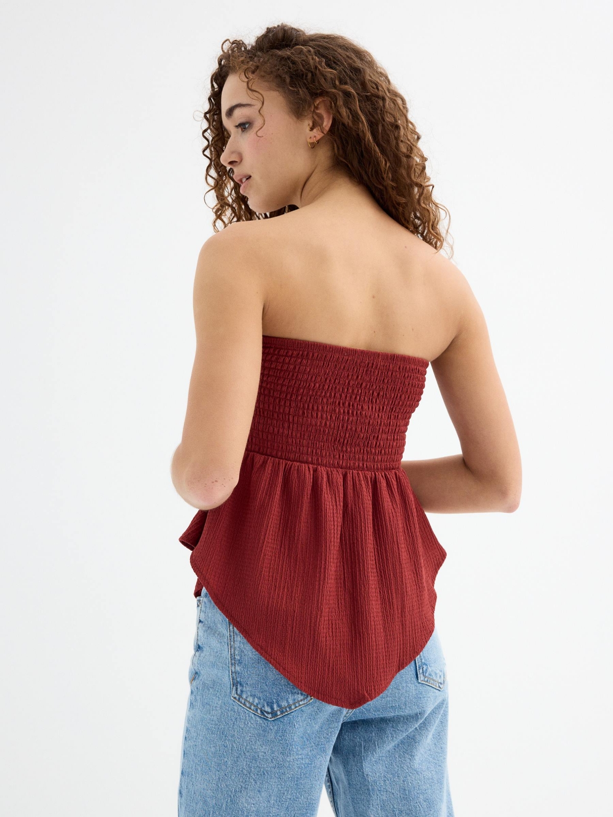 Strapless honeycomb top brick red middle back view