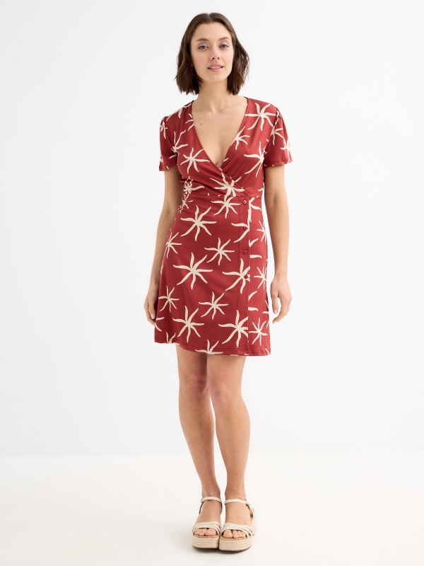 Cross-neck midi dress brick red general front view