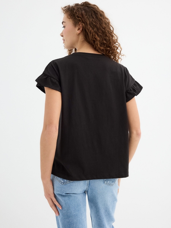 Short sleeve ruffle shirt black middle back view