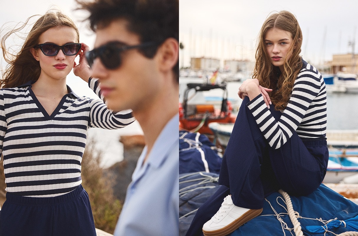 Ribbed long sleeve striped t-shirt navy middle front view