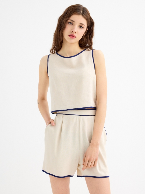 Sleeveless crop blouse contrast linen sand middle front view