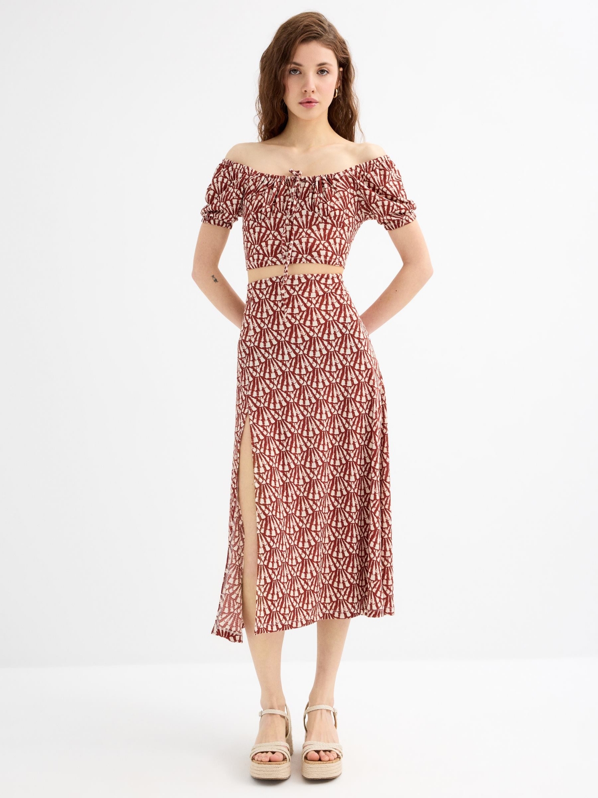 Printed midi skirt sand middle front view