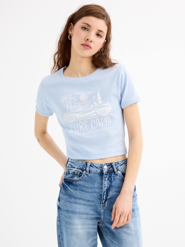 Short sleeve crop top surf camp shirt light blue middle front view