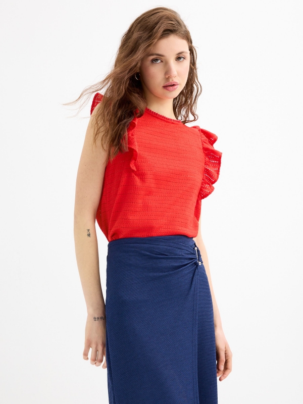 Ruffle sleeve t-shirt deep red middle front view