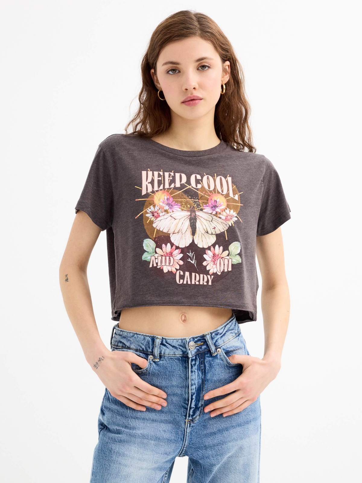 Short sleeve butterfly crop top shirt dark melange middle front view