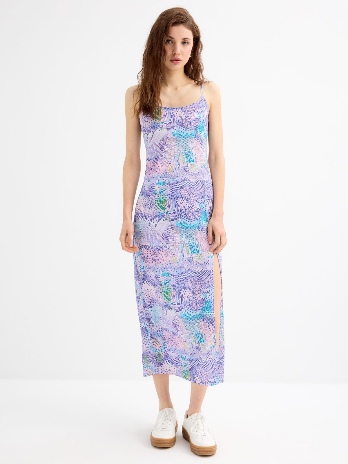 Maxi dress with printed straps multicolor three-quarter front view