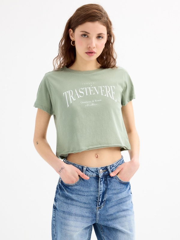 Camiseta manga corta crop Trastévere verde grisáceo vista media frontal