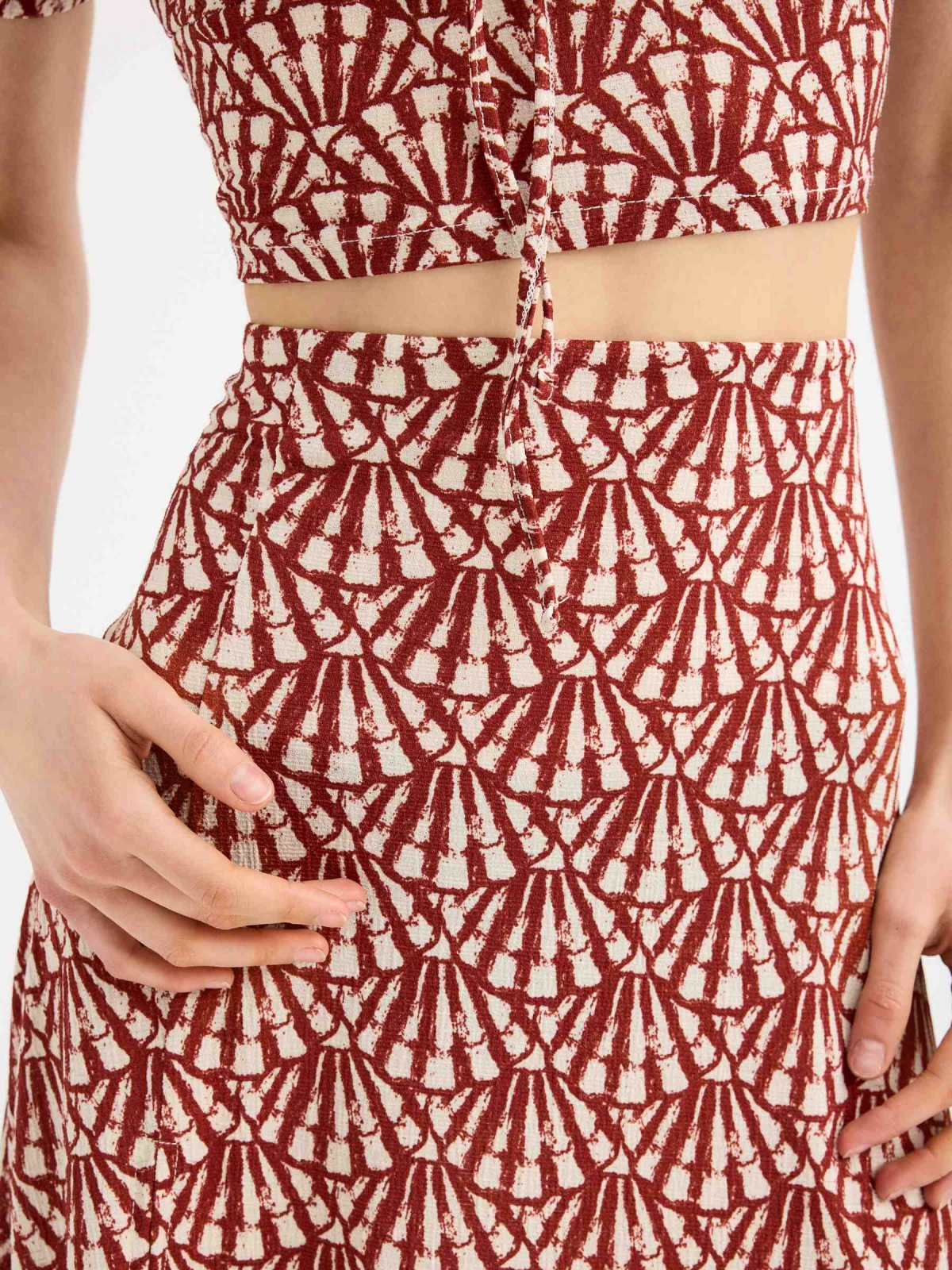 Printed midi skirt sand front detail view