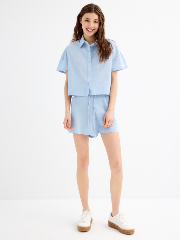 Short sleeve linen crop shirt light blue general front view