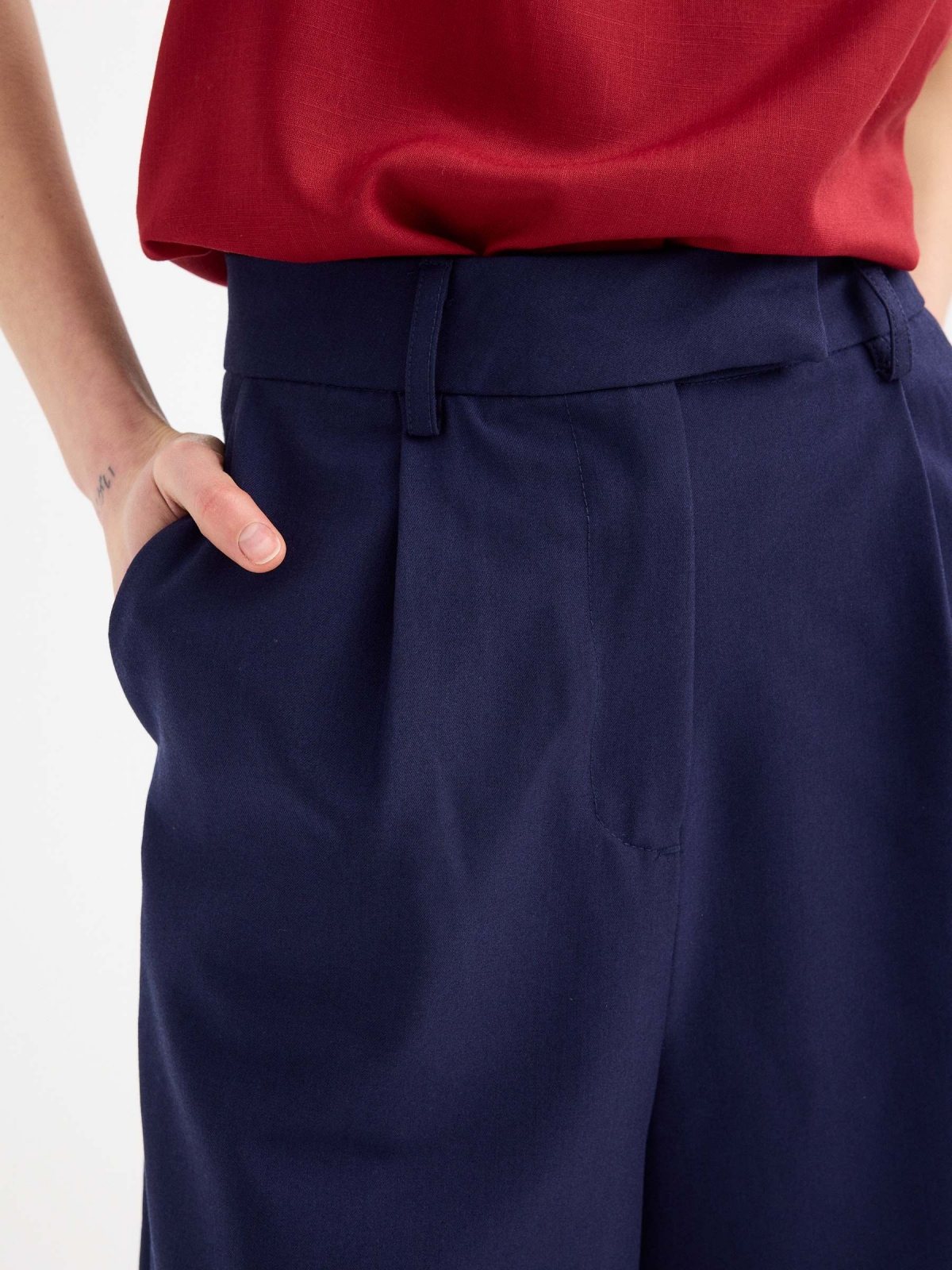 Navy blue pleated Bermuda shorts navy front detail view