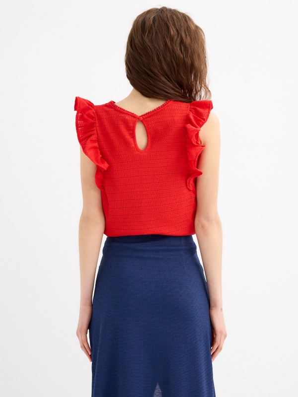 Ruffle sleeve t-shirt deep red middle back view