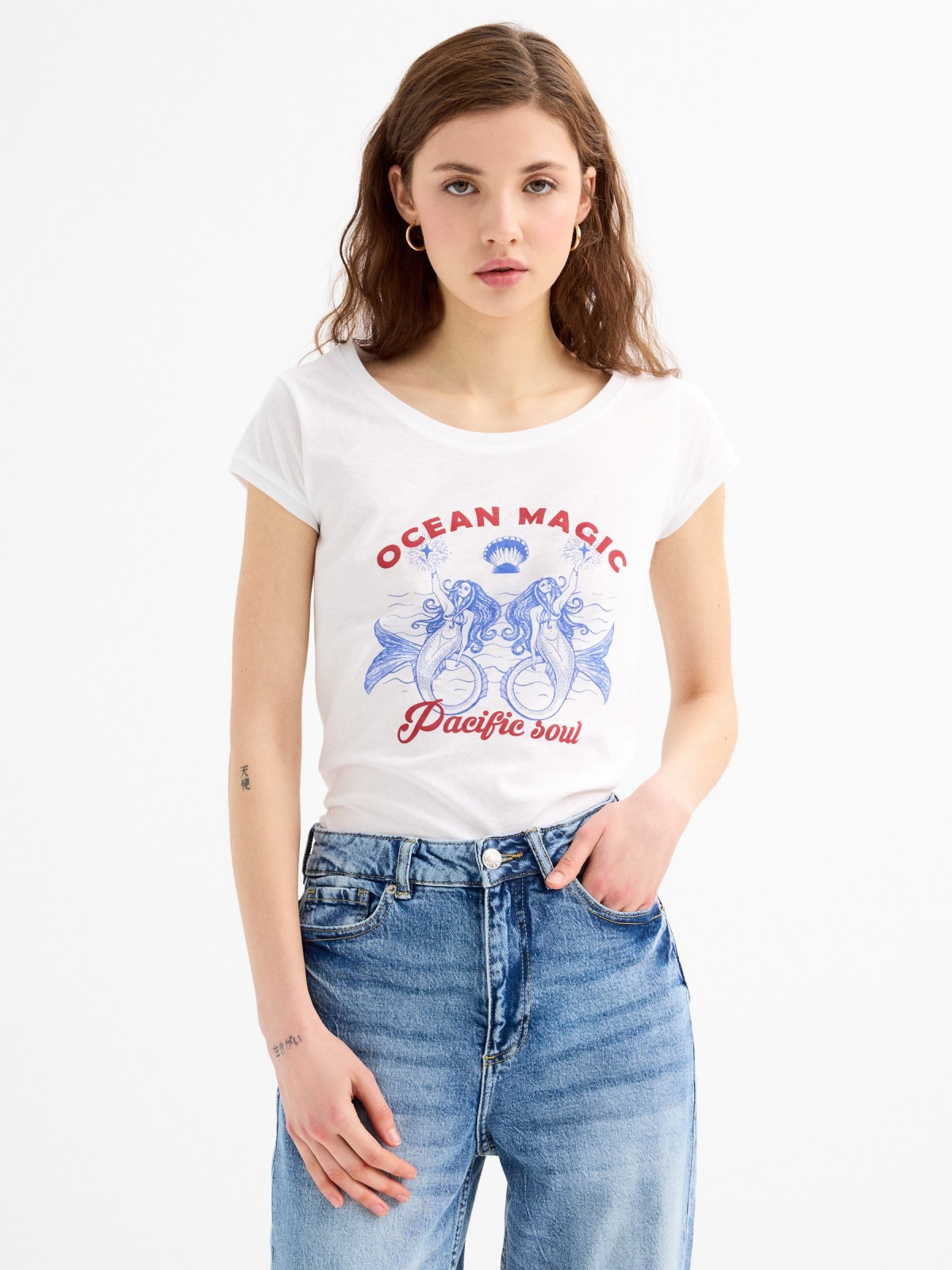 Camiseta manga corta sirenas blanco vista media frontal
