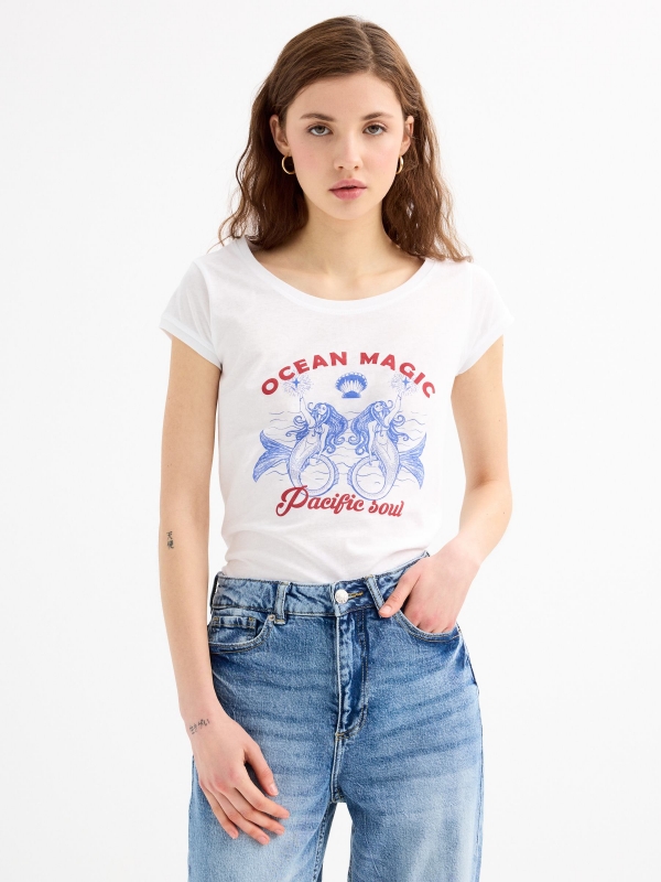 Camiseta manga corta sirenas blanco vista media frontal