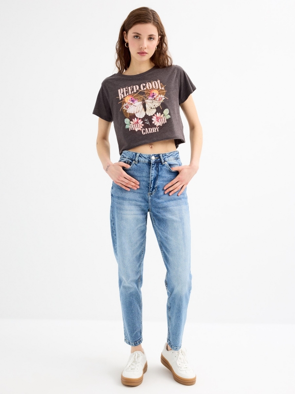 Short sleeve butterfly crop top shirt dark melange general front view