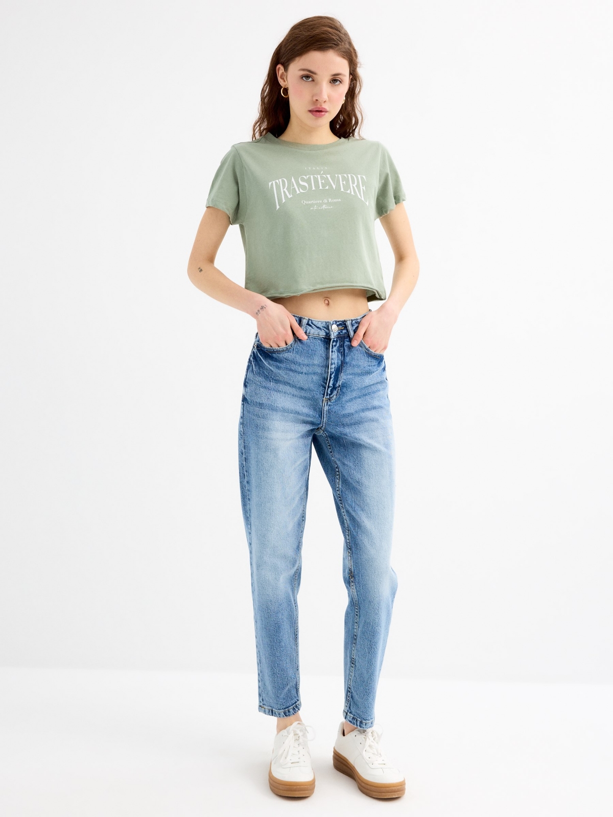 Short sleeve crop top Trastévere greyish green general front view