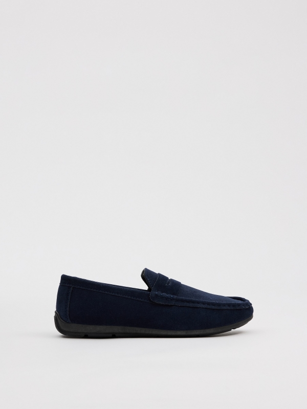 Navy blue microfiber loafers navy profile view