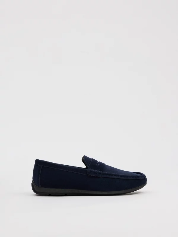 Navy blue microfiber loafers navy profile view
