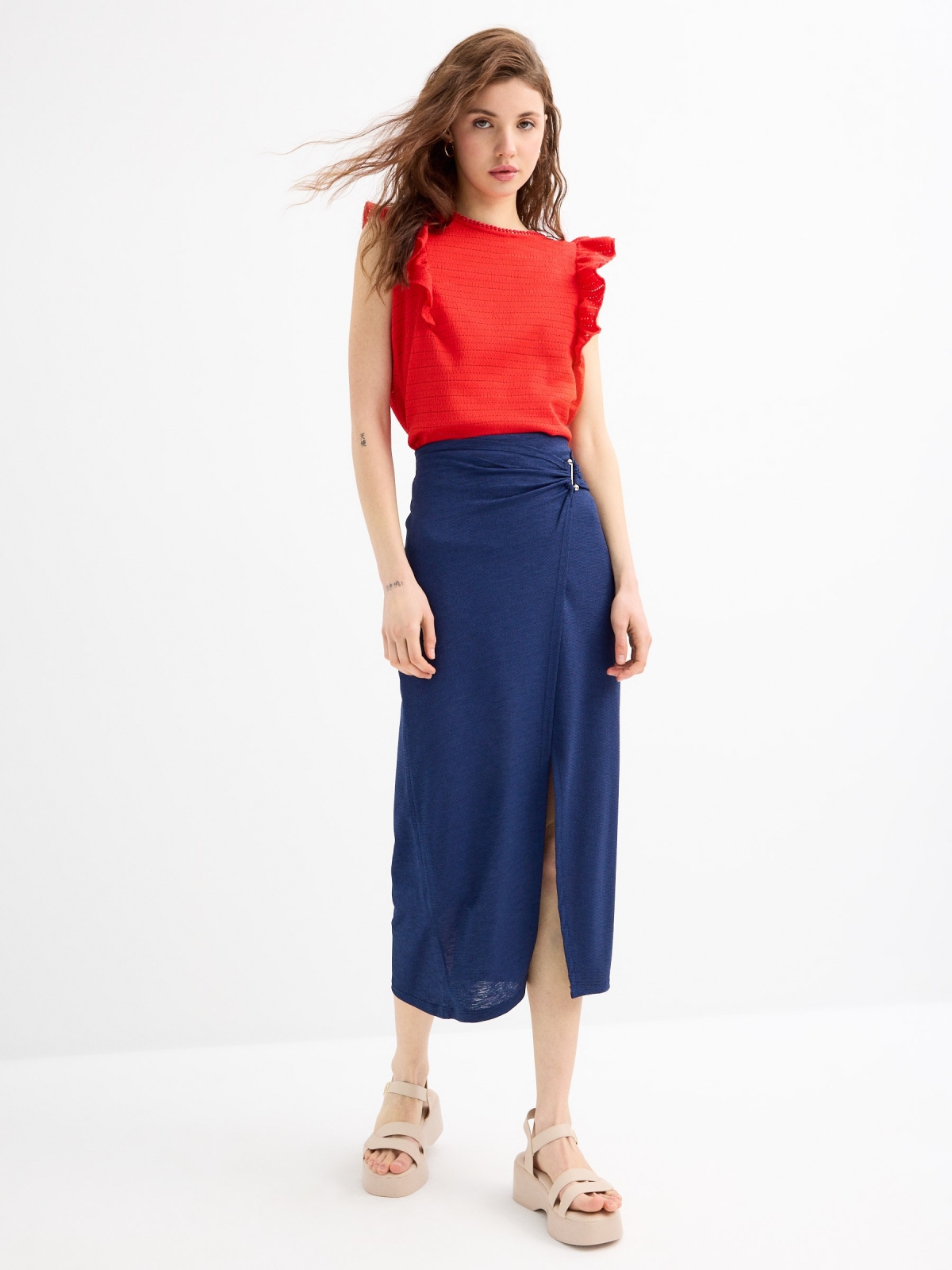 Midi skirt with ruching and slit navy middle front view