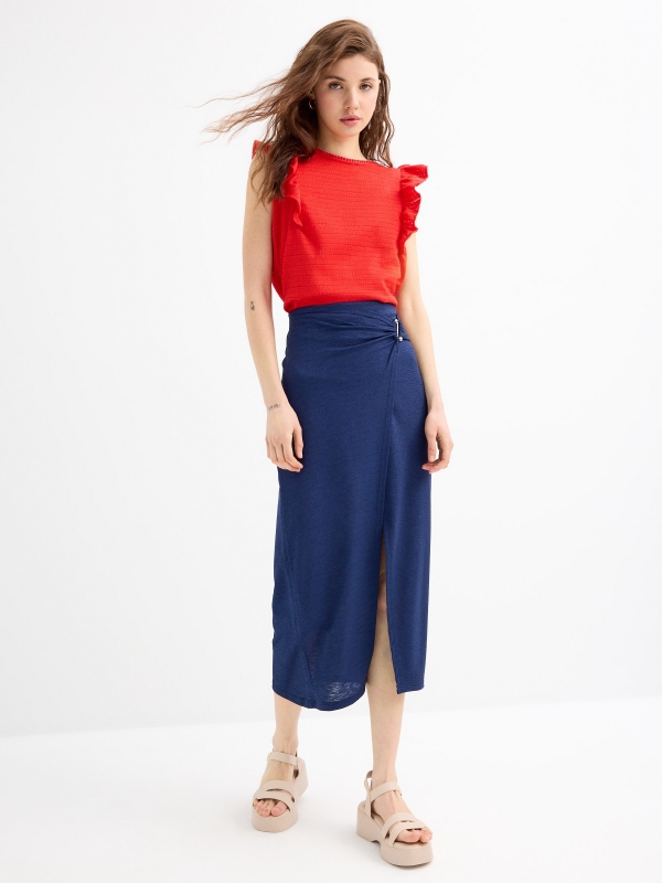 Midi skirt with ruching and slit navy middle front view