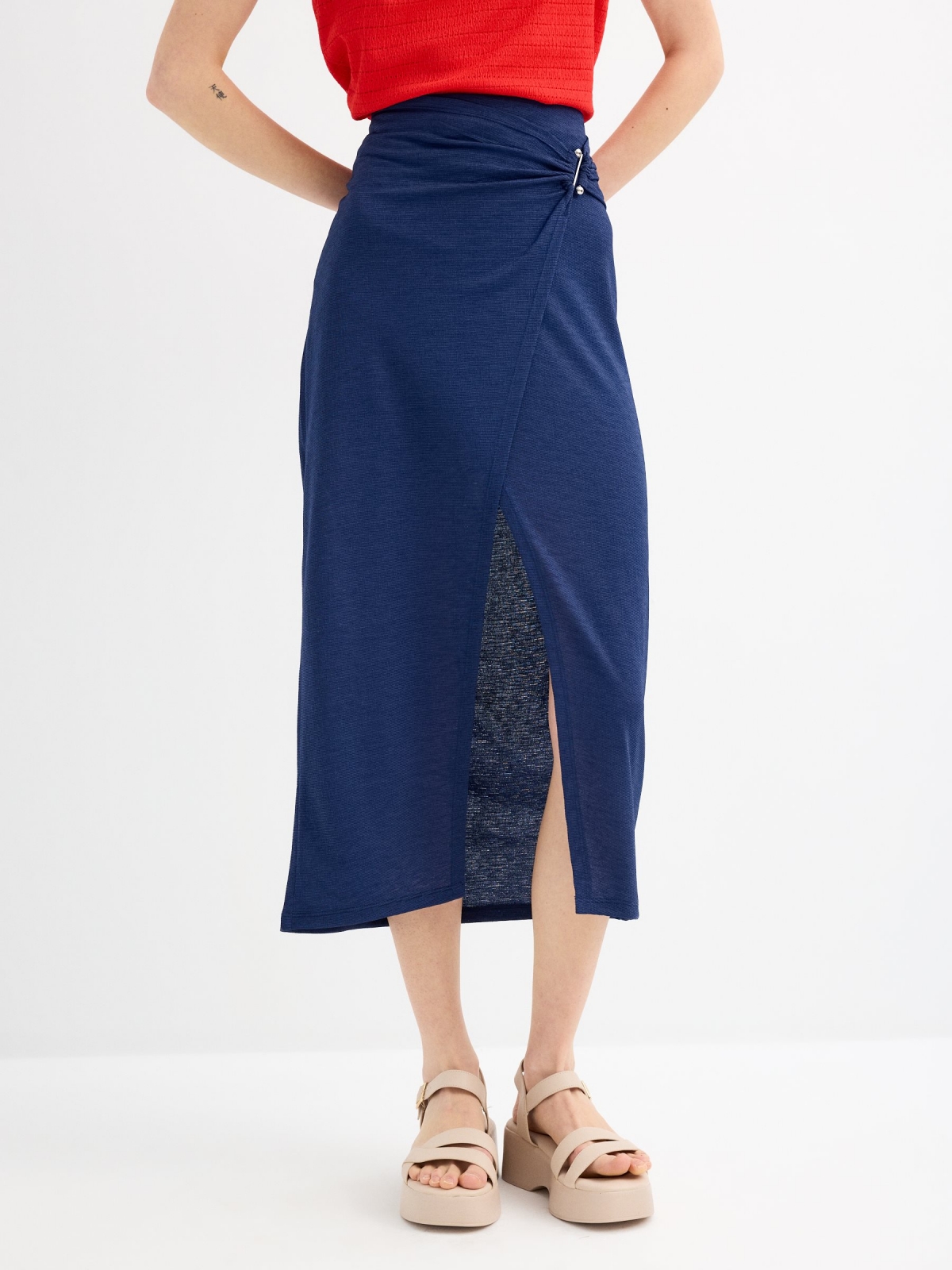 Midi skirt with ruching and slit navy middle back view