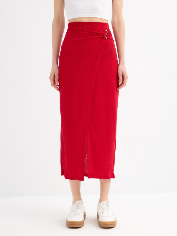 Midi skirt with ruching and slit carmine middle back view