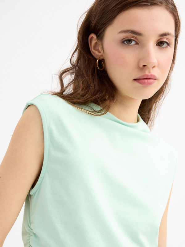 Ruched sleeveless top olive green detail view