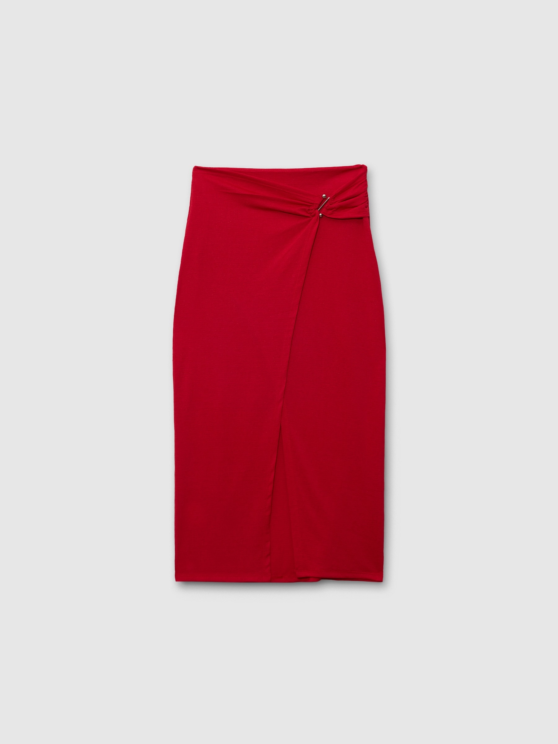 Midi skirt with ruching and slit carmine middle front view