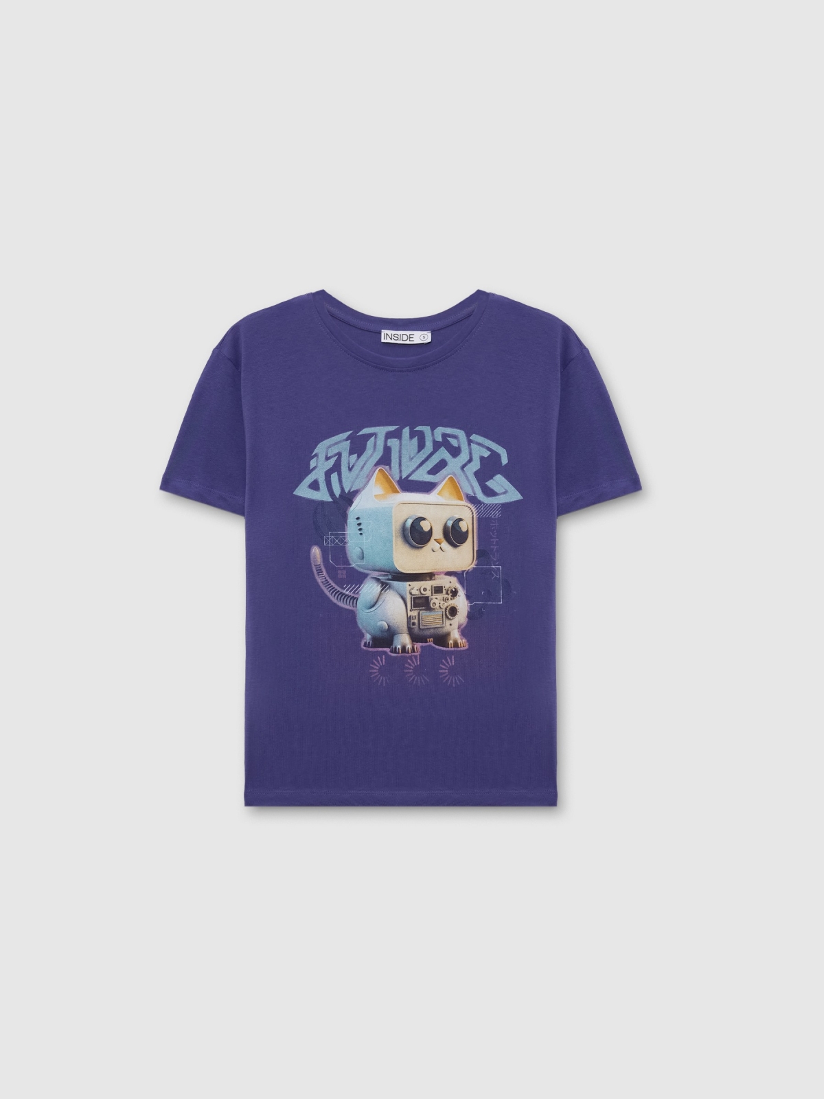  Camiseta de manga curta gato azul escuro vista frontal