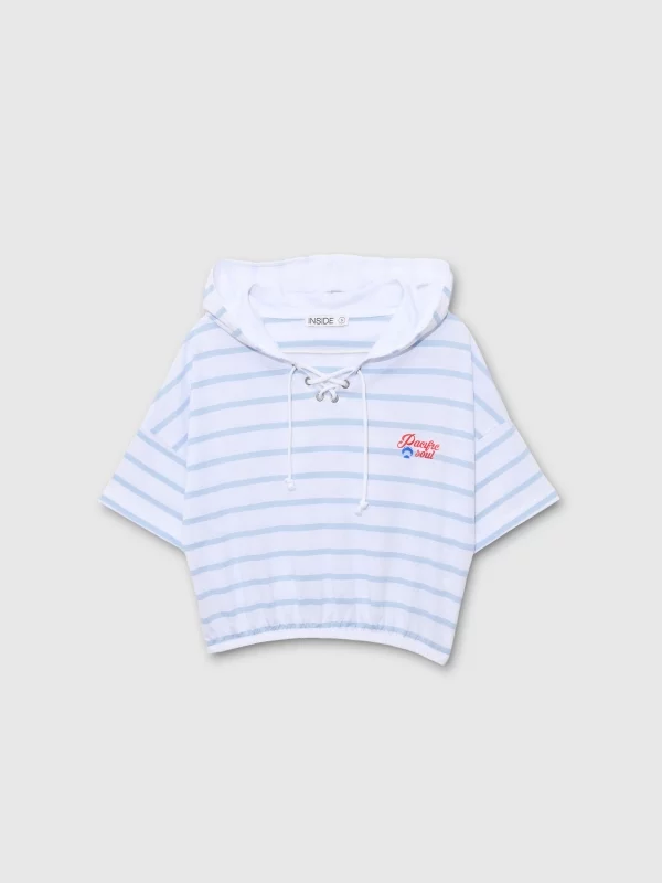  Camiseta de manga curta com capuz listrada branco vista frontal
