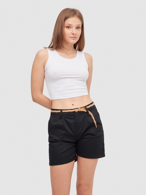 Shorts with belt black middle front view