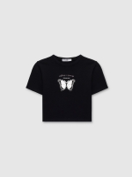 %Pto% Short sleeve butterfly crop top black front view