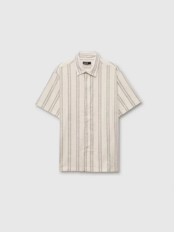  Camisa manga curta rústica listras duplas marfim vista frontal