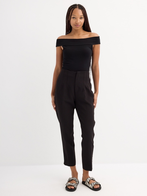 High-waisted pleated trousers black general front view