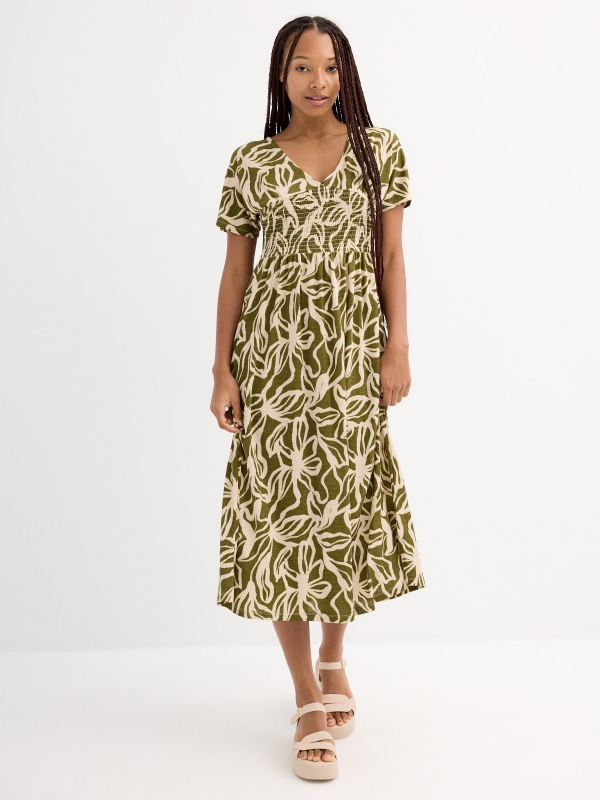 Printed midi dress green three-quarter front view