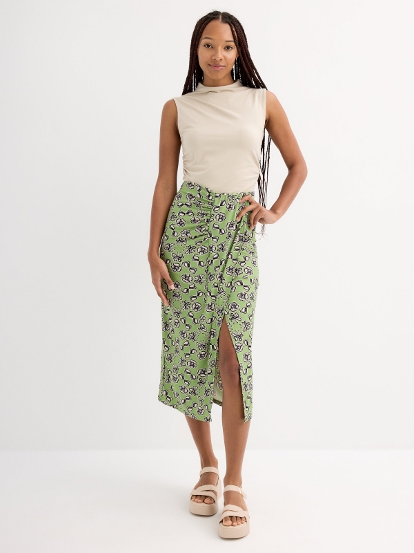 Floral print midi skirt olive green middle front view