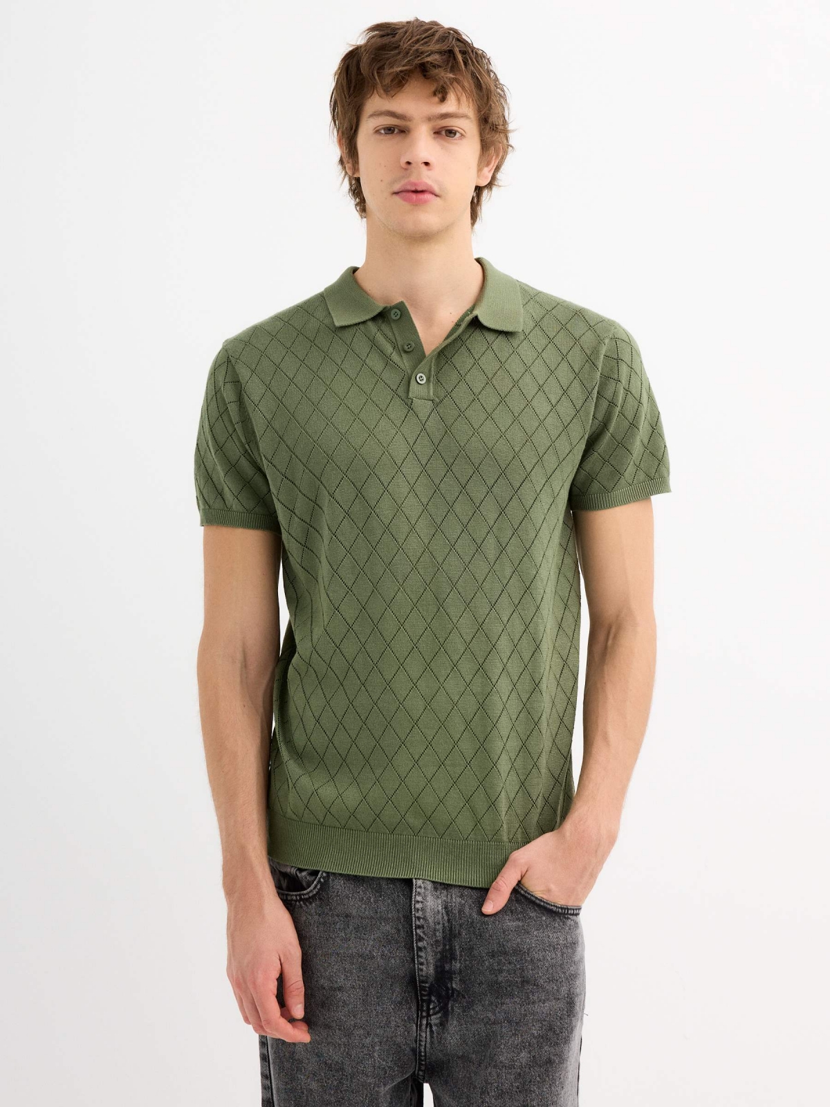 Short sleeve diamond knit t-shirt green middle front view