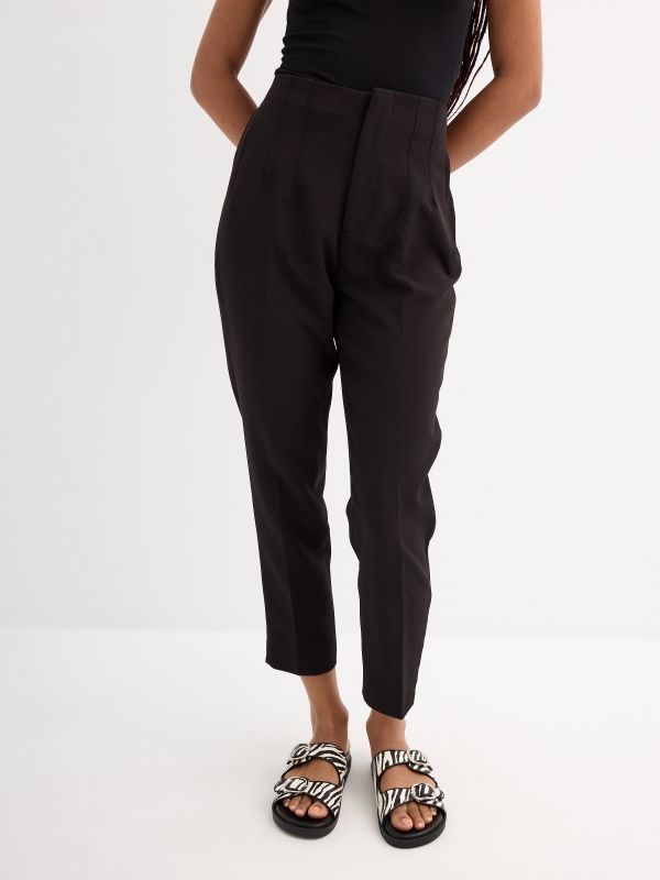 High-waisted pleated trousers black middle front view