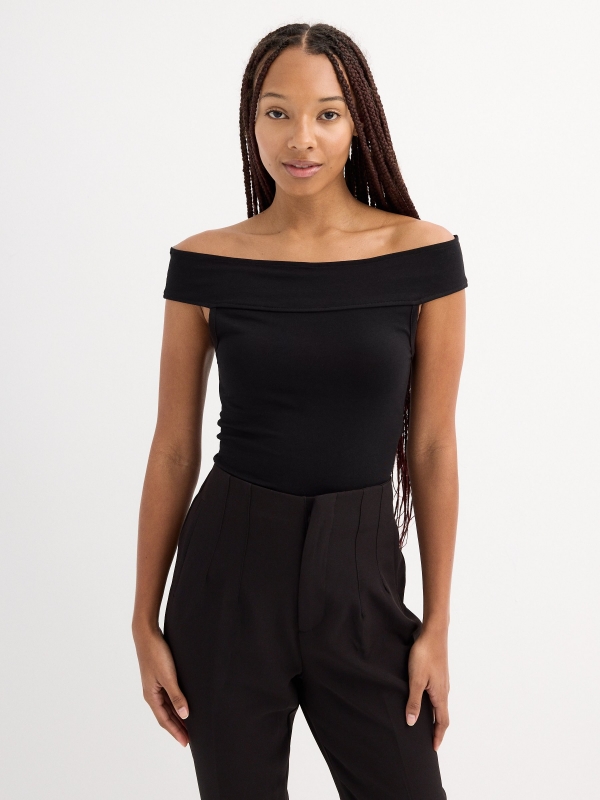 Bardot neckline top black middle front view