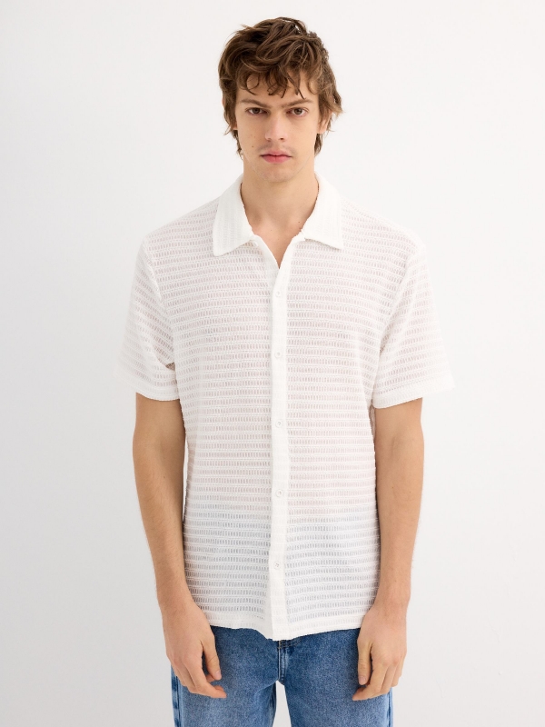 White short-sleeve knit shirt white middle front view