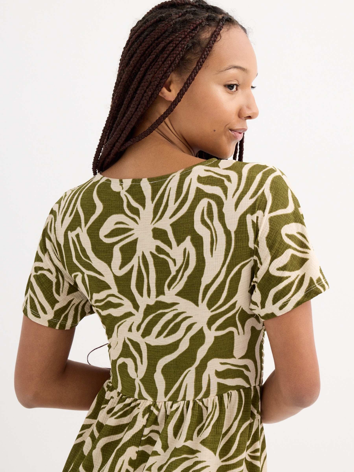 Printed midi dress green front detail view