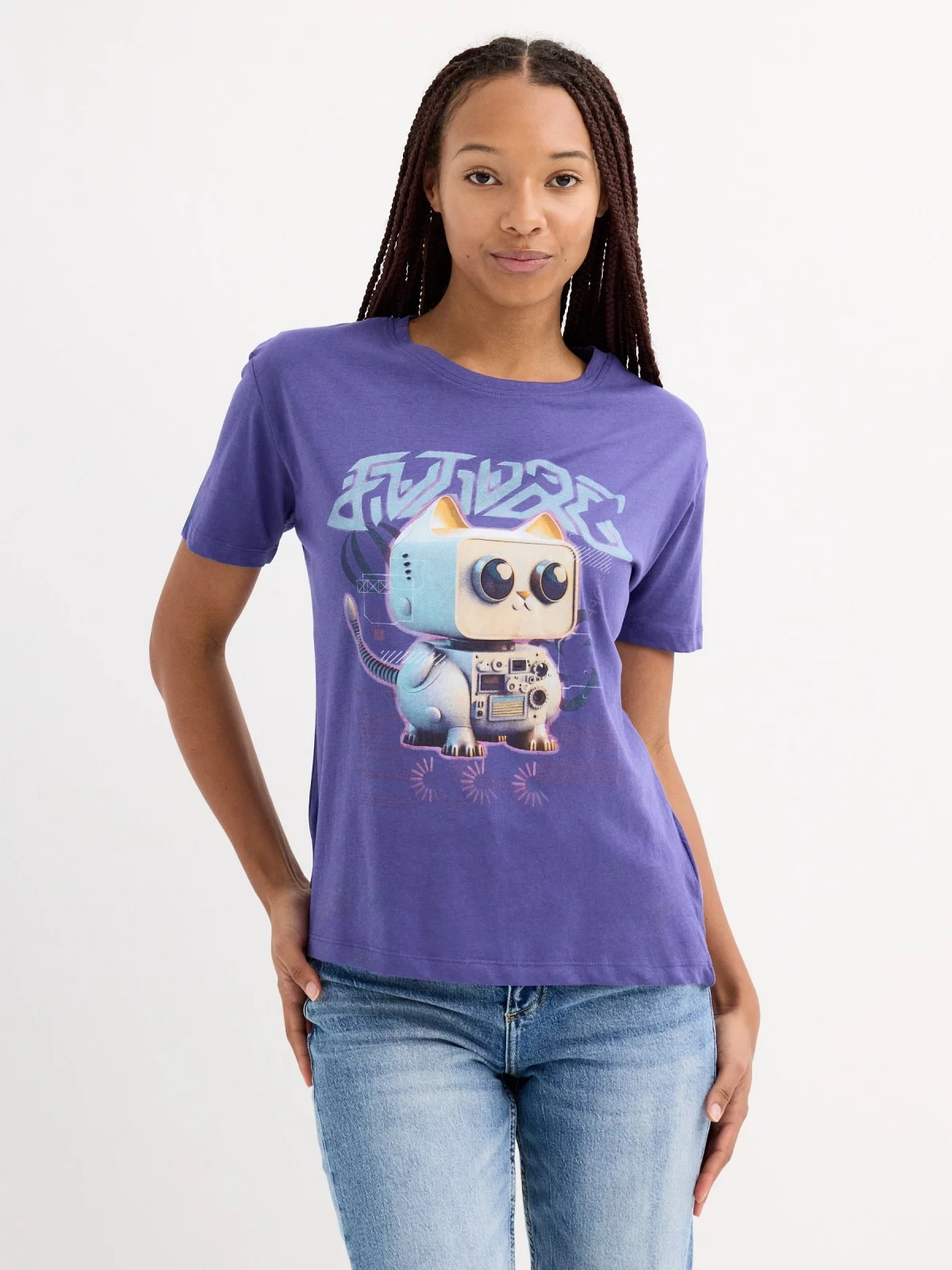 Camiseta manga corta gato azul oscuro vista media frontal