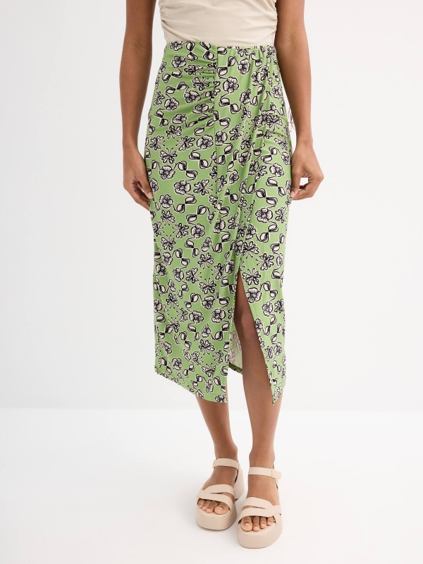 Floral print midi skirt olive green middle back view