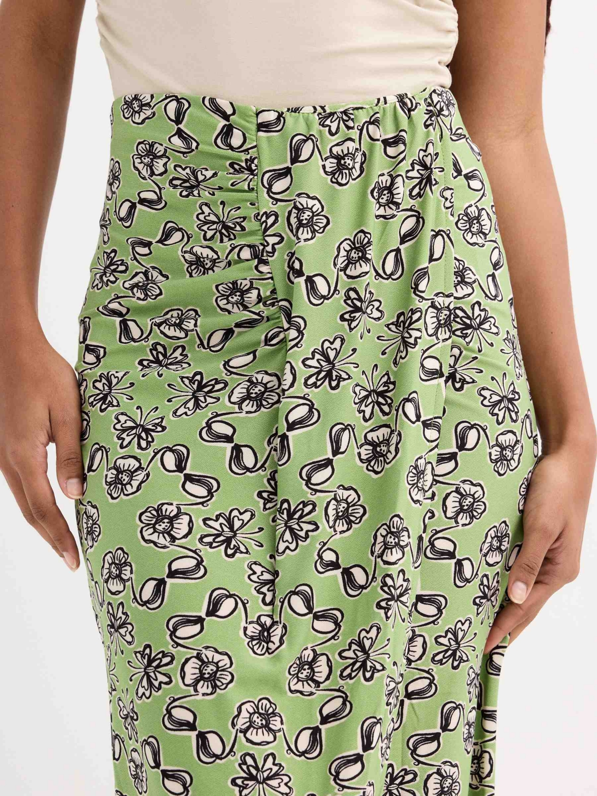 Floral print midi skirt olive green front detail view