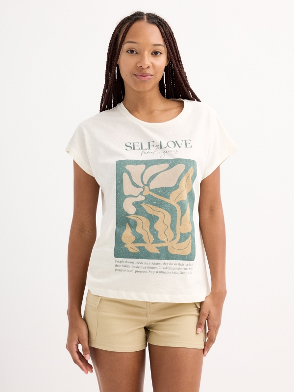Camiseta manga corta self-love blanco roto vista media frontal