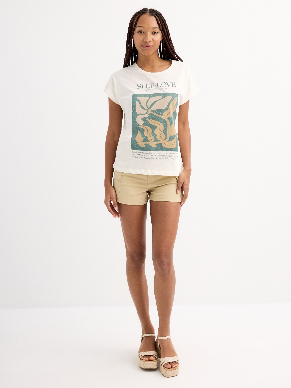 Camiseta manga corta self-love blanco roto vista general frontal