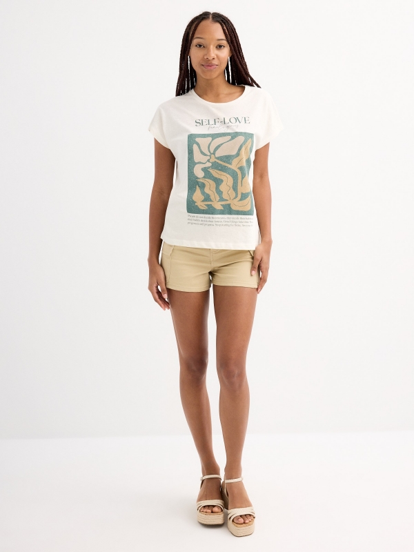 Camiseta manga corta self-love blanco roto vista general frontal