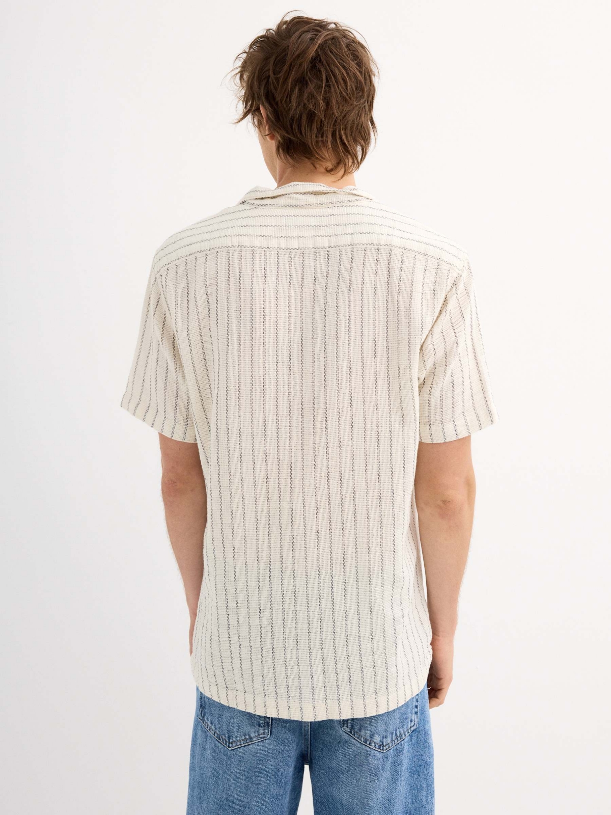 Short-sleeve rustic shirt with fine stripes beige middle back view